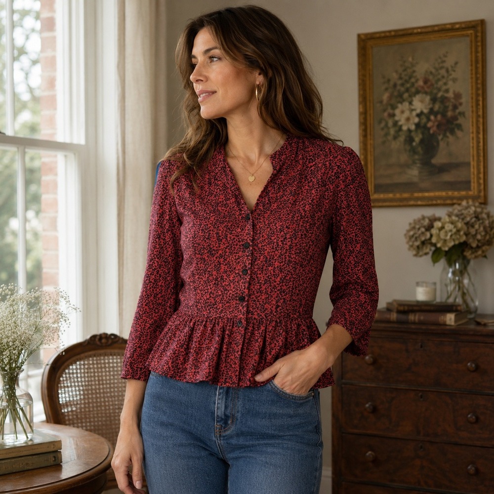 Stuart Alan‎ Vintage Red Black Floral Peplum Blouse 3/4 Sleeve Size 14 (M/L) USA